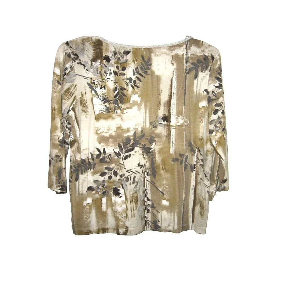 Chico's‎ White Green Silver Metallic Leaves 3/4 Sleeve Top Size 2 L 12